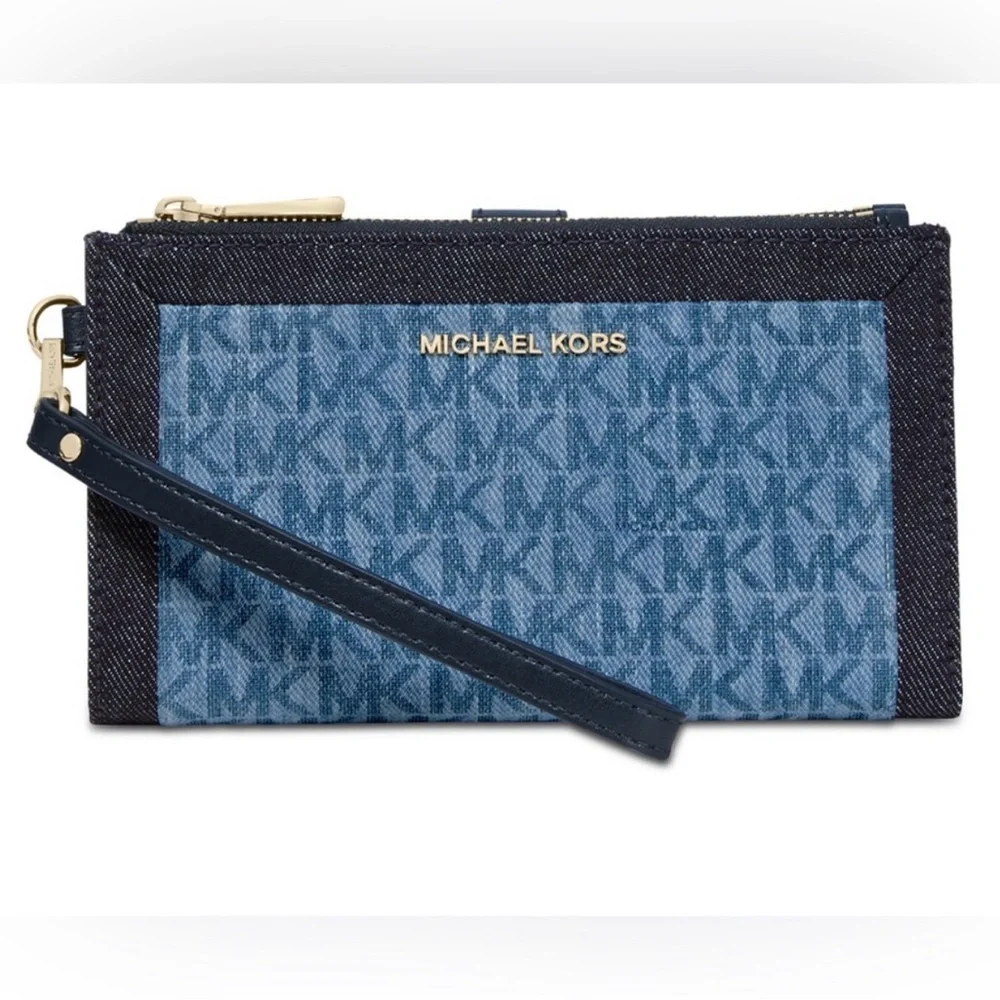 👛Michael Kors Signature Denim Double Zip Wristlet Clutch Wallet - Picture 3 of 12